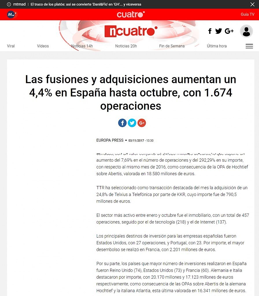 Las fusiones y adquisiciones aumentan un 4,4% en Espaa hasta octubre, con 1.674 operaciones